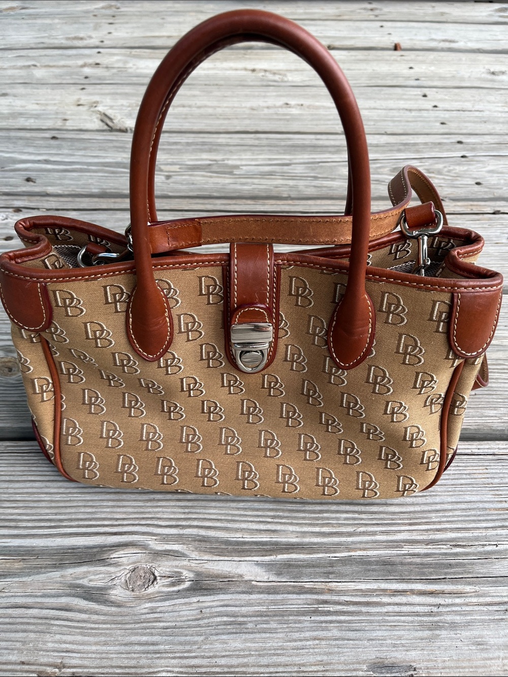 Dooney & Bourke Tan Signature DB Messenger with Brown Leather Trim